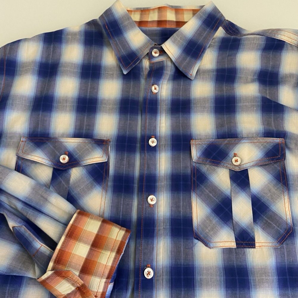 Georg Roth Los Angeles Mens Flip Cuff Shirt Button Up Blue Check‎ Size 2XL USA